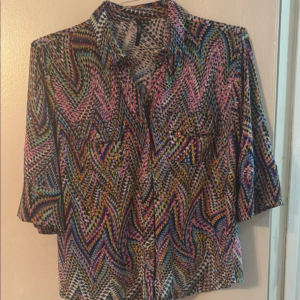 Pink and Blue Graphic Button Down Shirt with Notched Collar